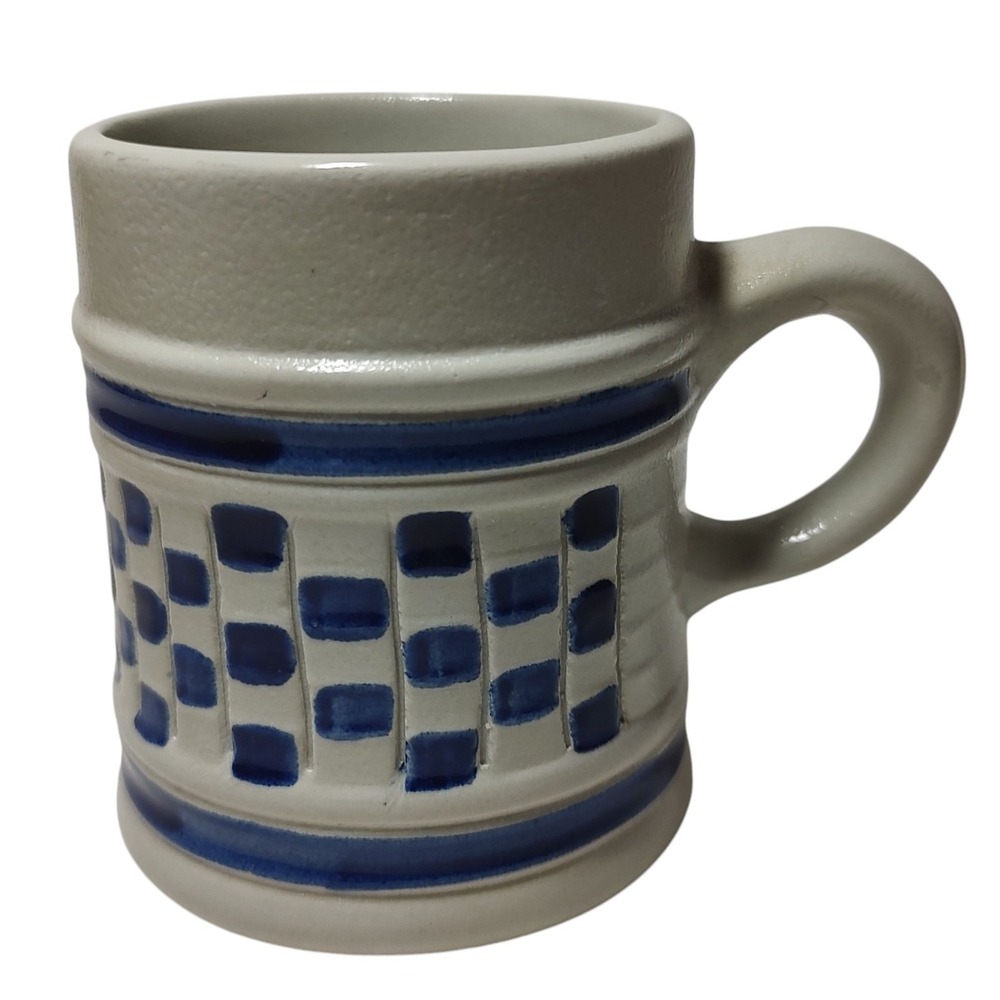 Williamsburg Pottery Salt Glaze Mug Cobalt Blue Checkered Small 3.5 Inches USA
